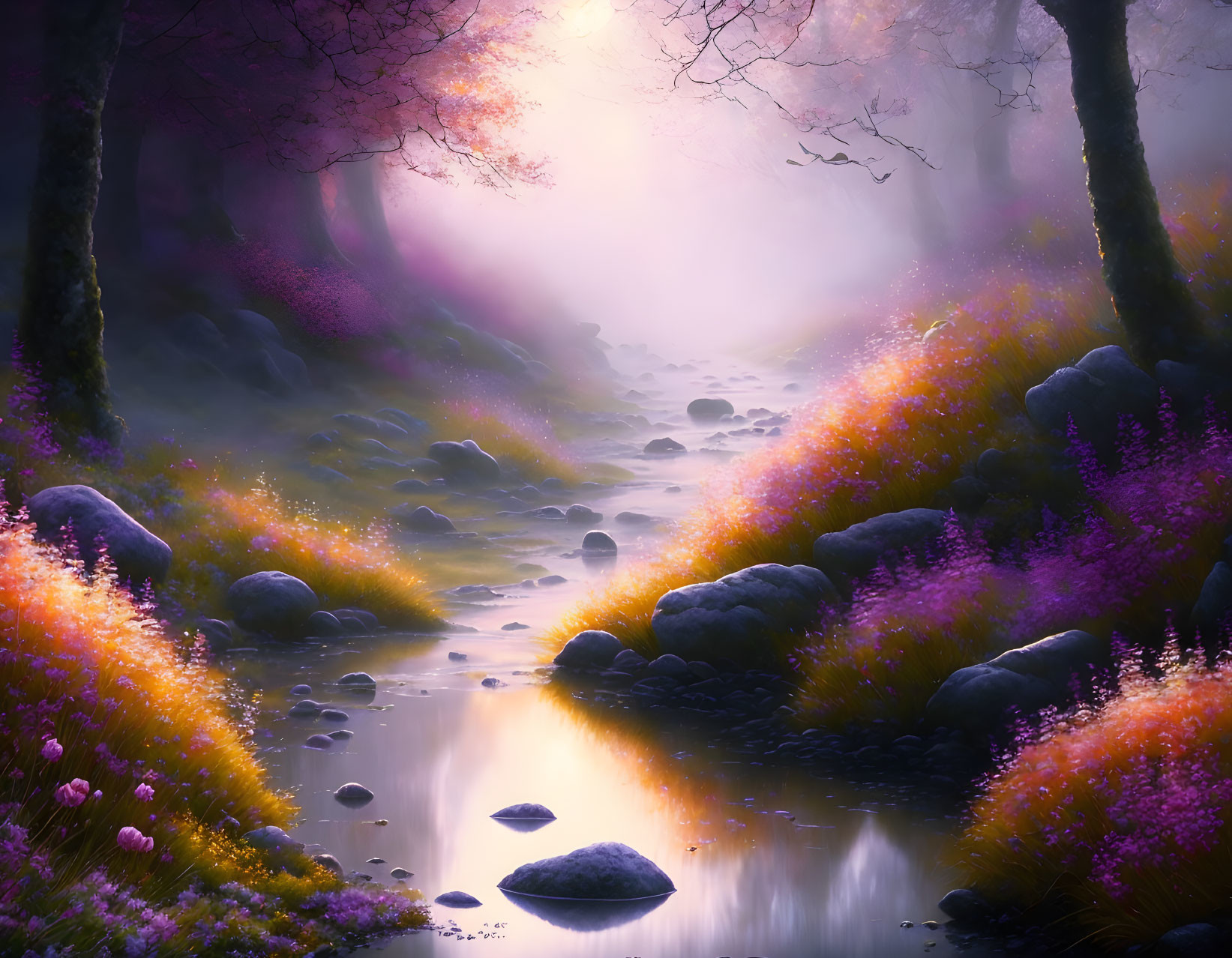 Enchanting forest stream with purple flora and soft glowing light