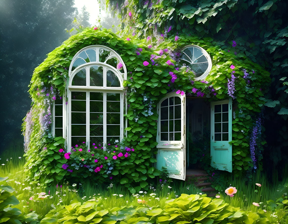 Cozy cottage surrounded by ivy and flowers in enchanted forest