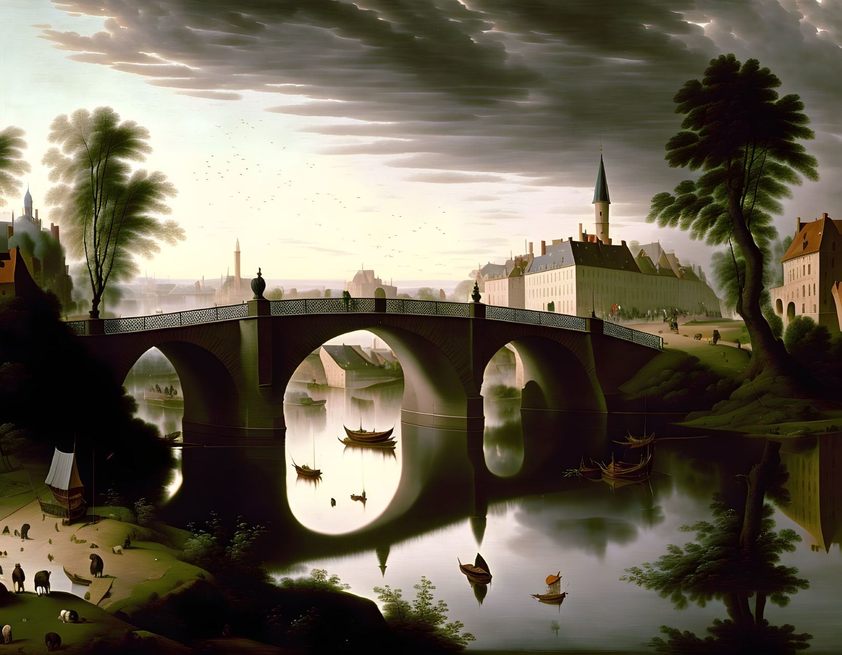 Tranquil landscape with bridge, river, boats, people, buildings, and day to dusk sky