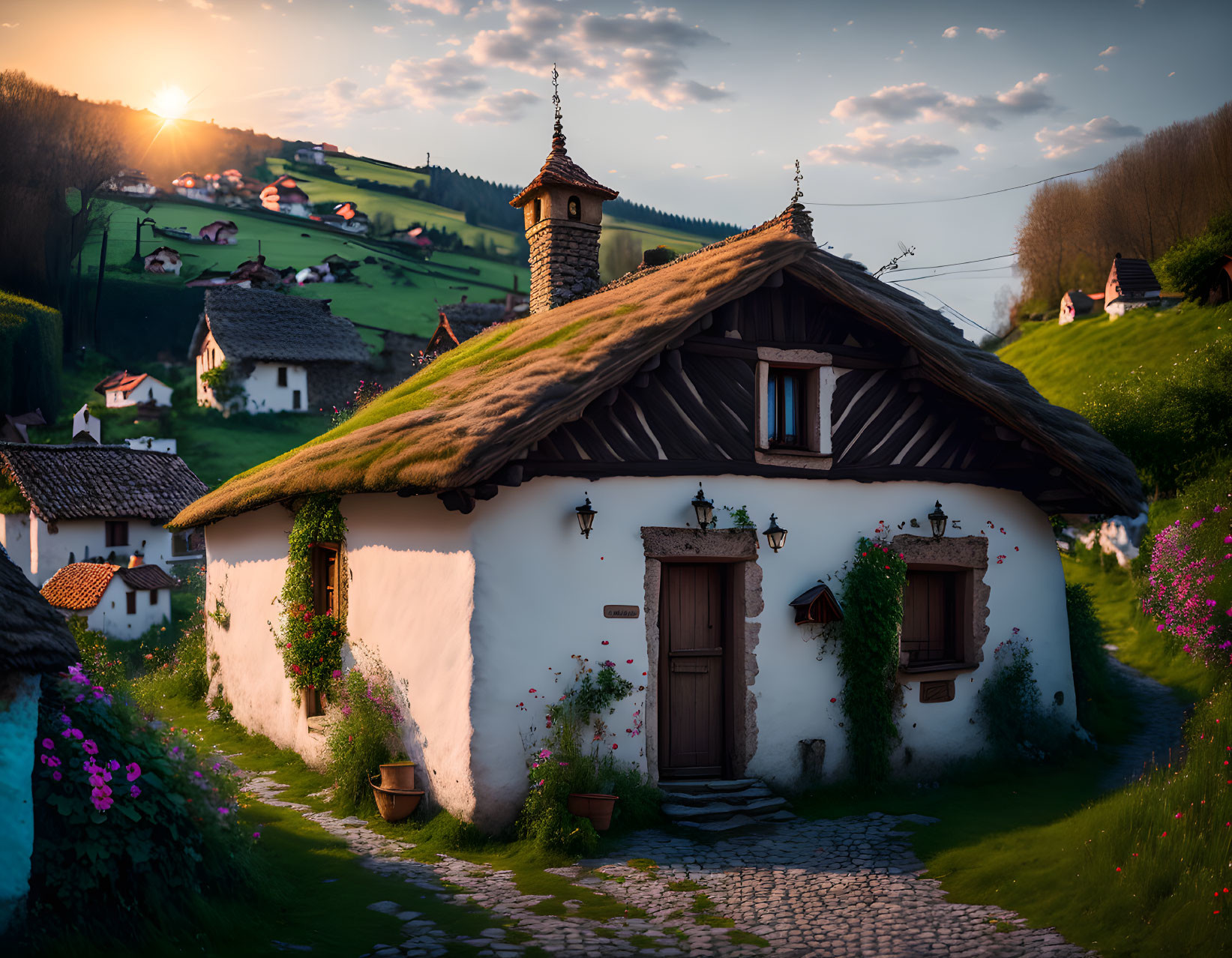 Thatched roof white cottage on lush hillside at sunset