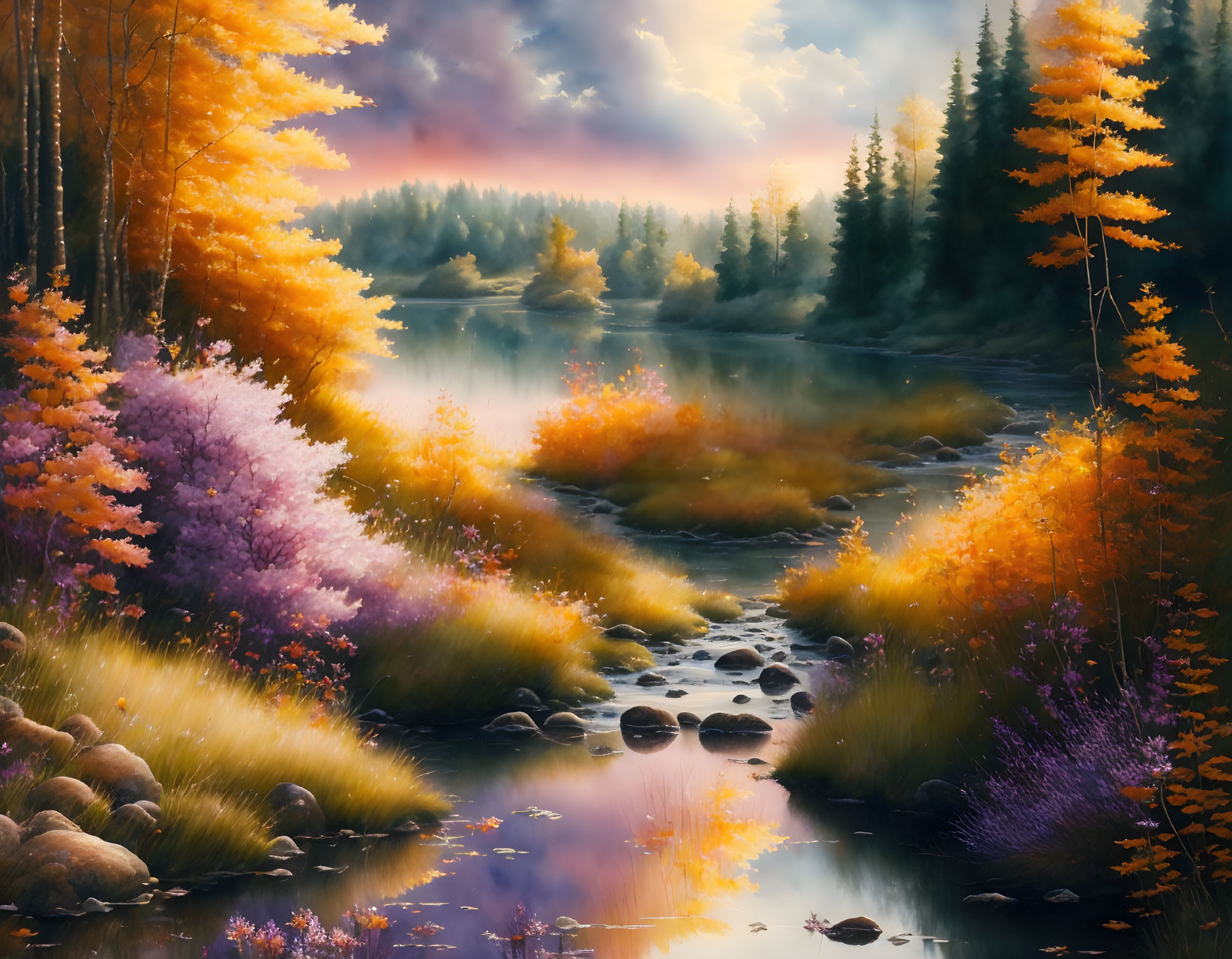 Tranquil autumn stream landscape with vibrant orange trees