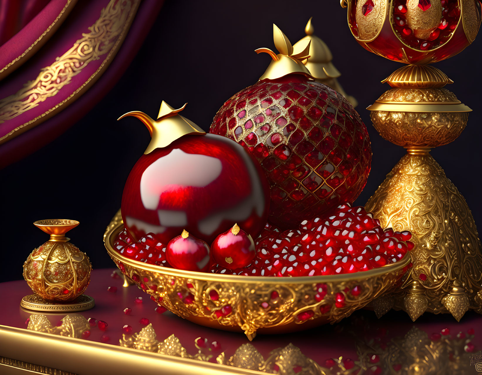 Ornate Golden Decanters and Bejeweled Fruits on Elegant Dark Background