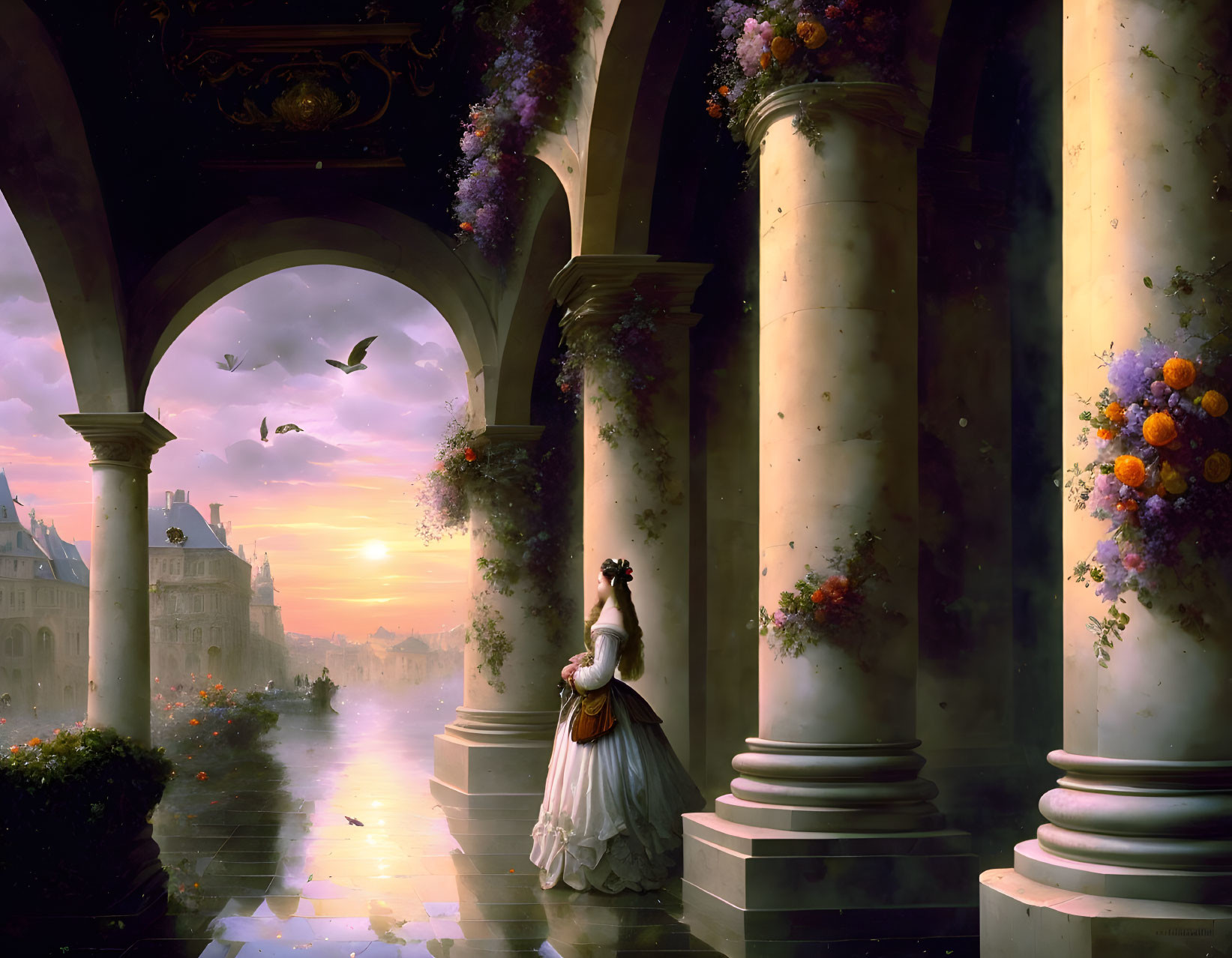 Historic dress woman near flowered pillars at sunset.