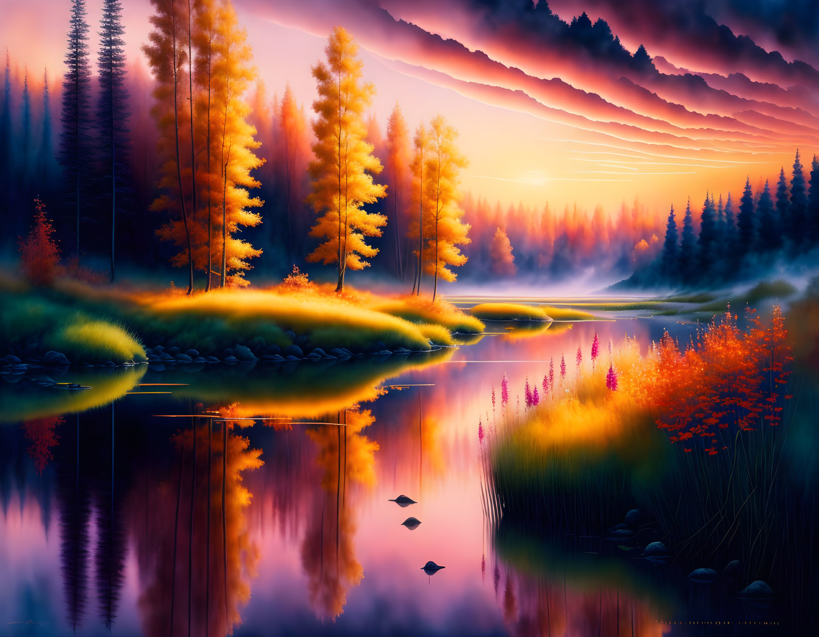 Colorful Autumn Landscape with Serene Lake at Sunset