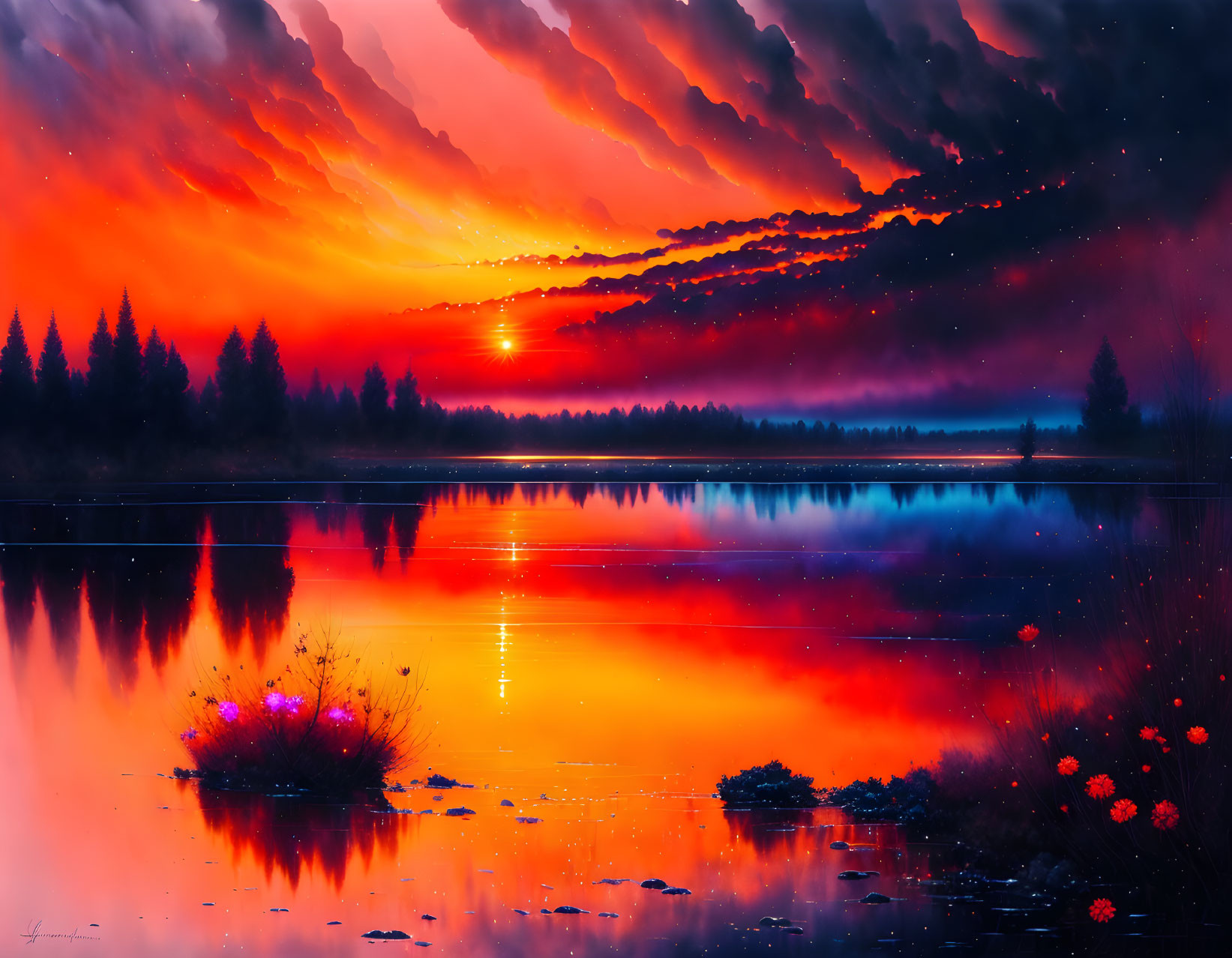 Scenic sunset with fiery clouds reflected in tranquil lake