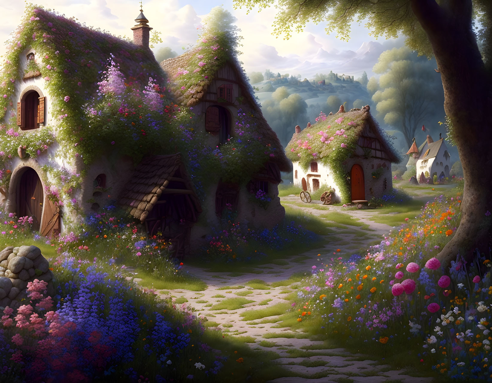 Charming village with vibrant flower-covered cottages in lush landscape