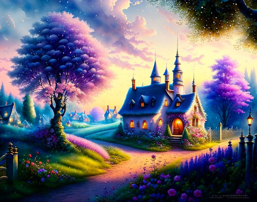 Colorful fairytale cottage in vibrant whimsical landscape