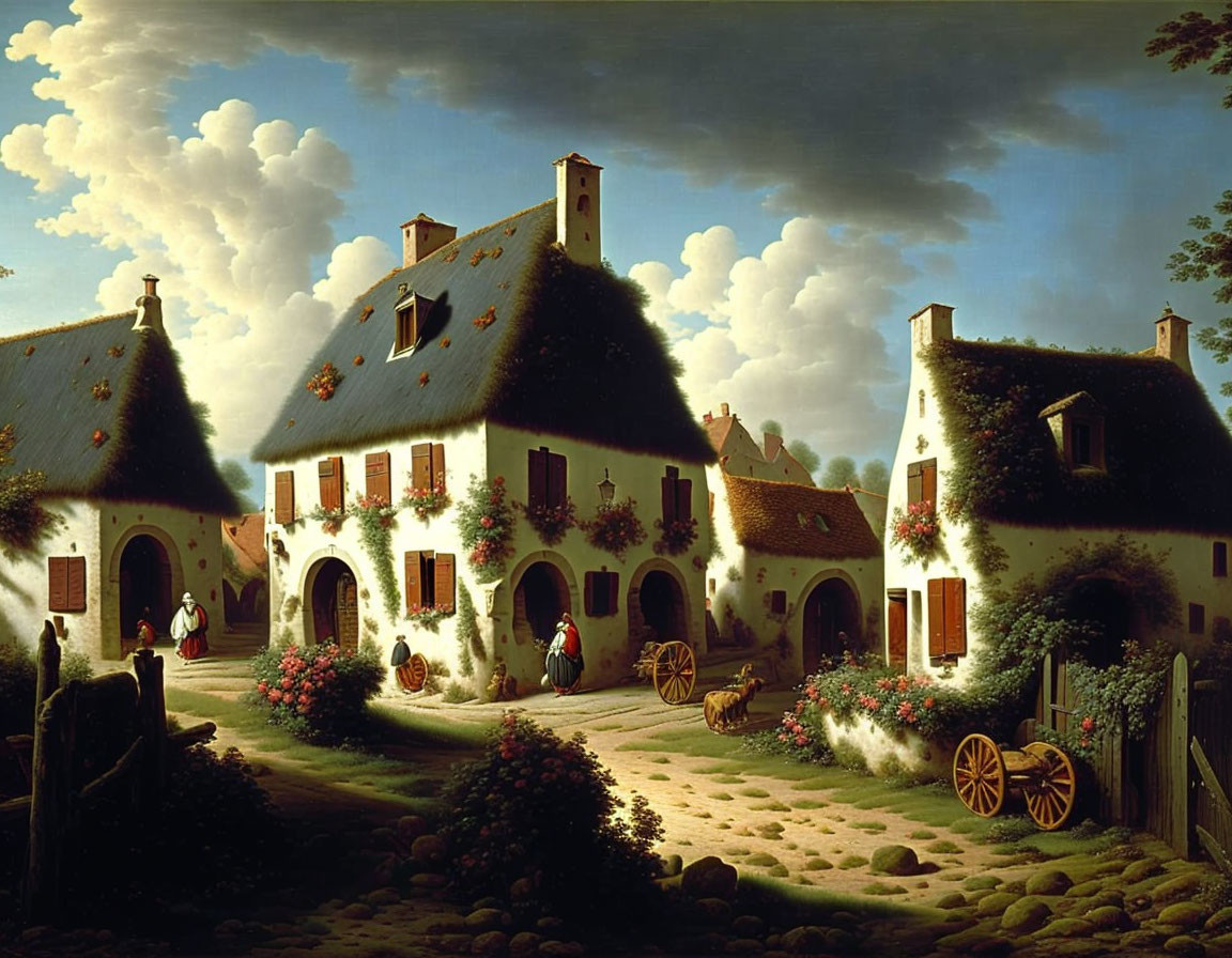 Rural landscape with thatched-roof cottages, people in period attire, horse-drawn cart