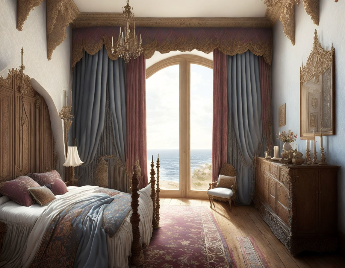 Vintage bedroom with four-poster bed, ornate furniture, chandelier, sea view, and sunlight