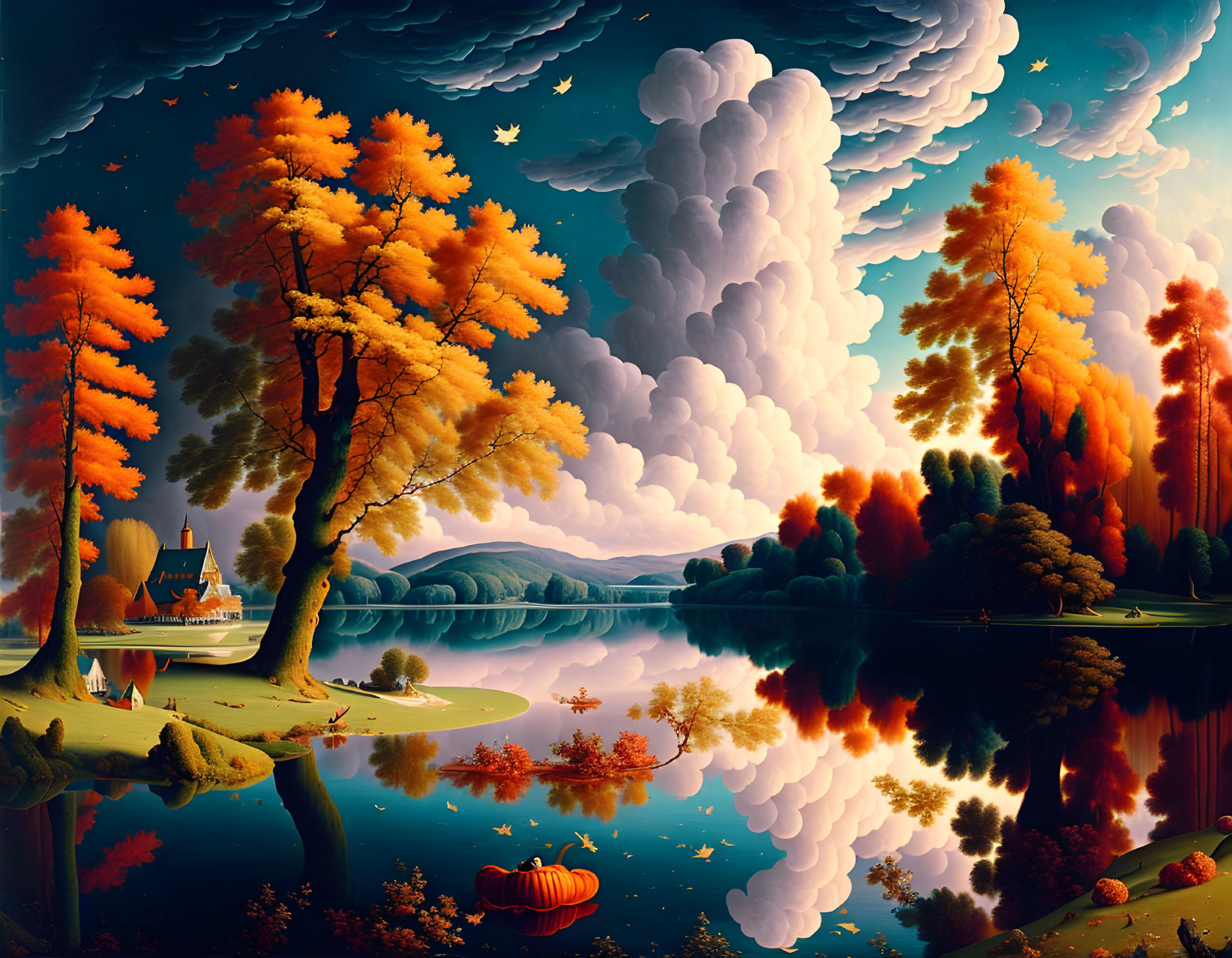 Vibrant autumn landscape with lake reflection, distant castle, and starry sky