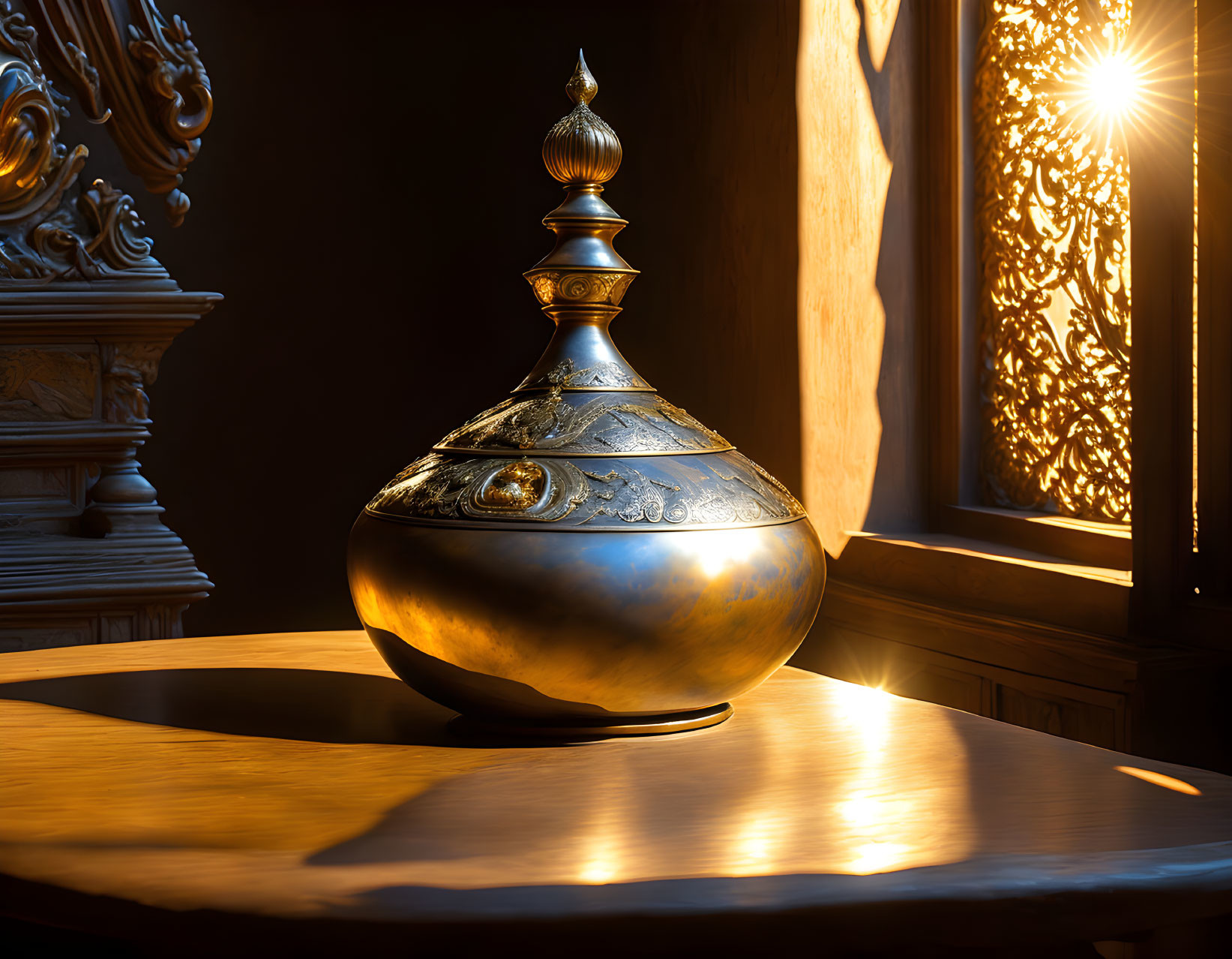 Intricately engraved metallic vessel on table in warm sunlight