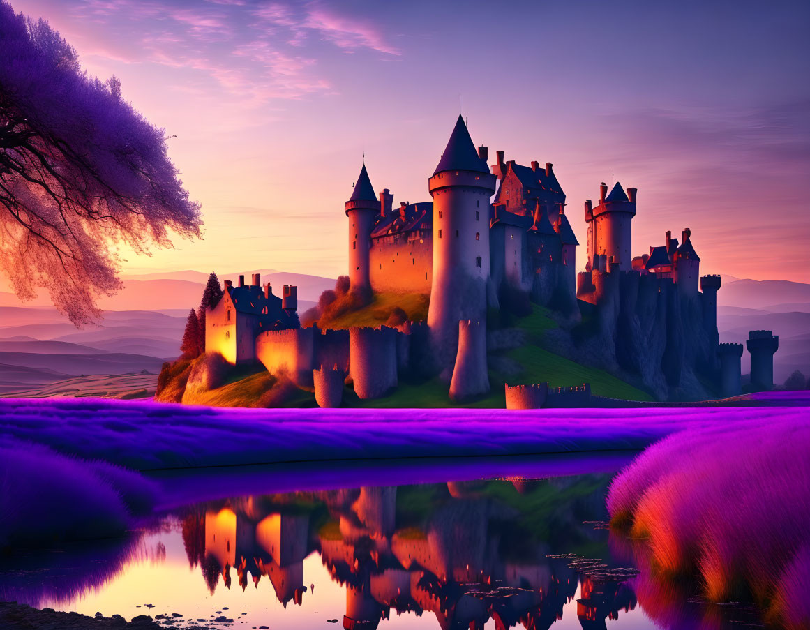 Majestic fairy-tale castle with spires by tranquil river at sunset