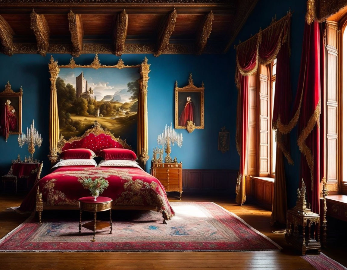 Vintage Bedroom with Red Bed, Wood Ceiling, Blue Walls, Curtains, Artwork, Sunbeam