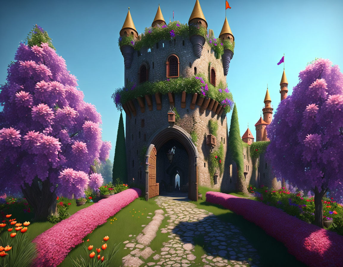 Colorful fairytale castle with purple trees and cobblestone path