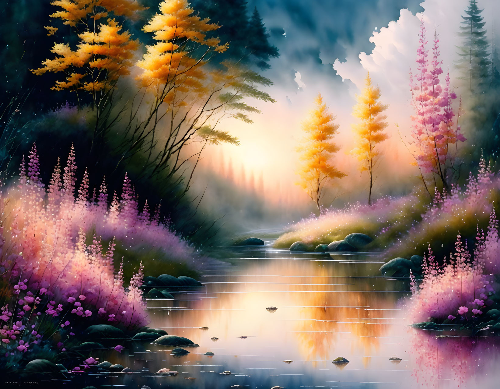 Tranquil river landscape with colorful flora and glowing sunrise