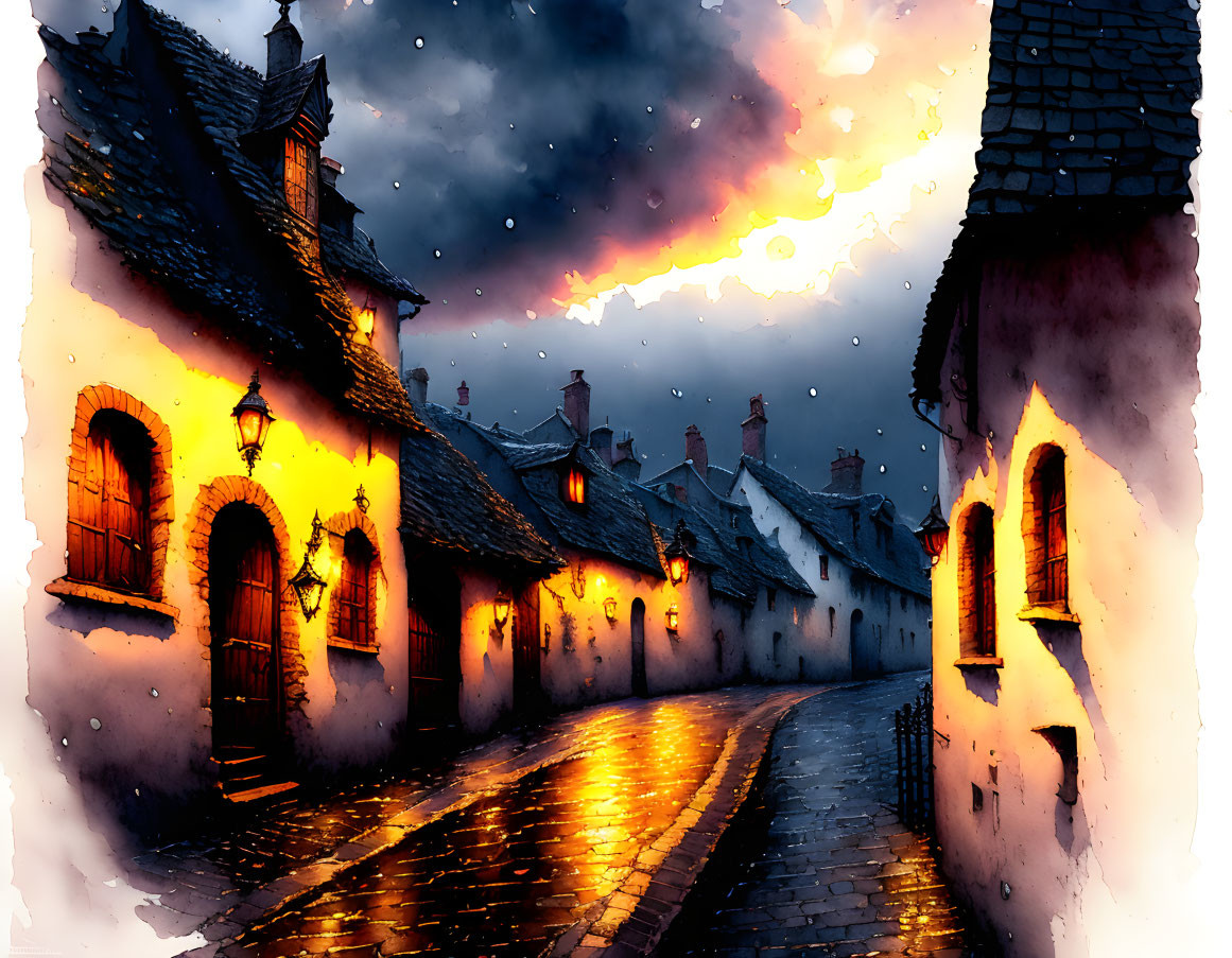 Old village cobblestone street at dusk with warm-lit houses under dramatic cloudy sky