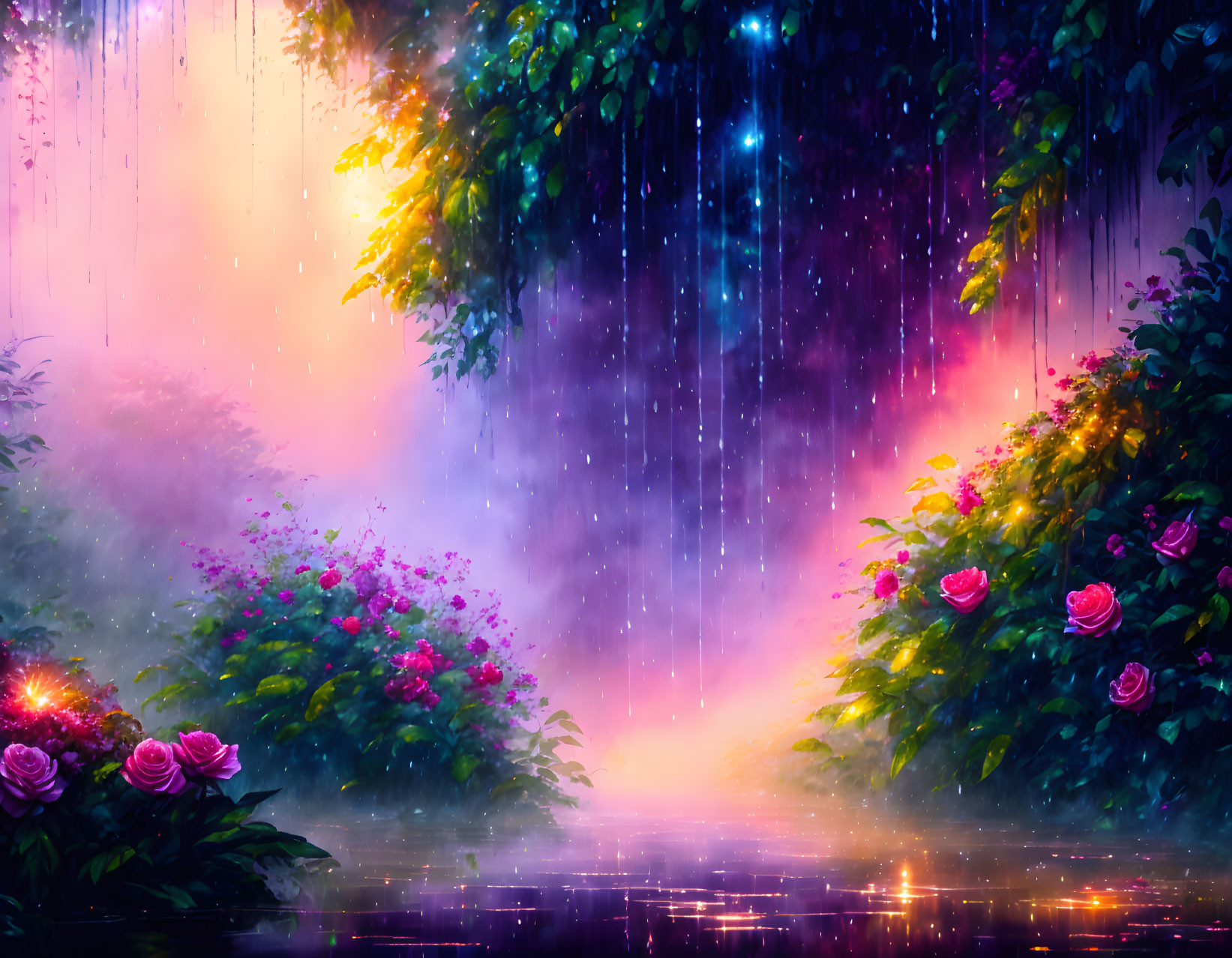 Colorful Magical Garden with Flowers, Vines, and Reflective Water