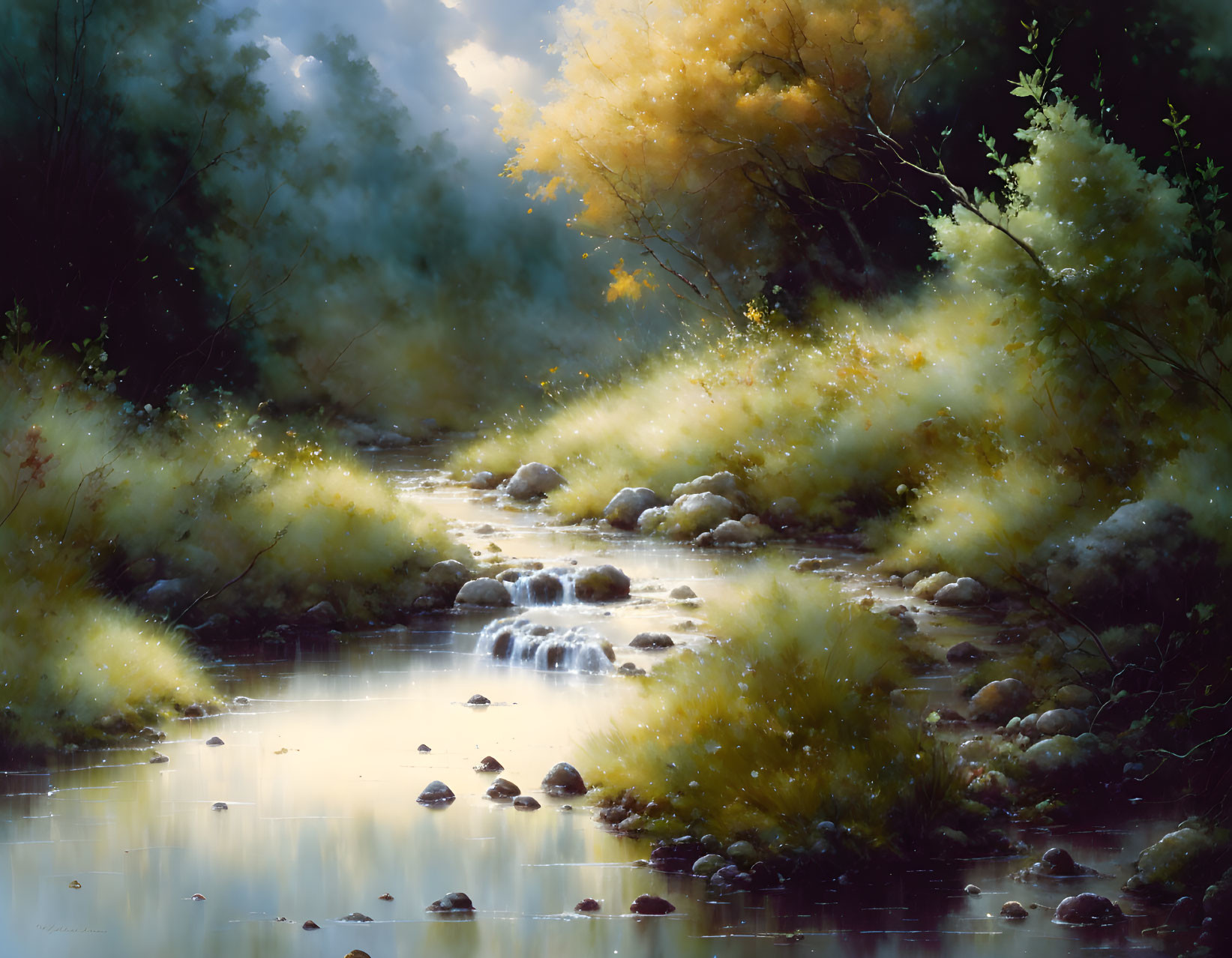 Tranquil forest scene with stream, sunlight, and greenery