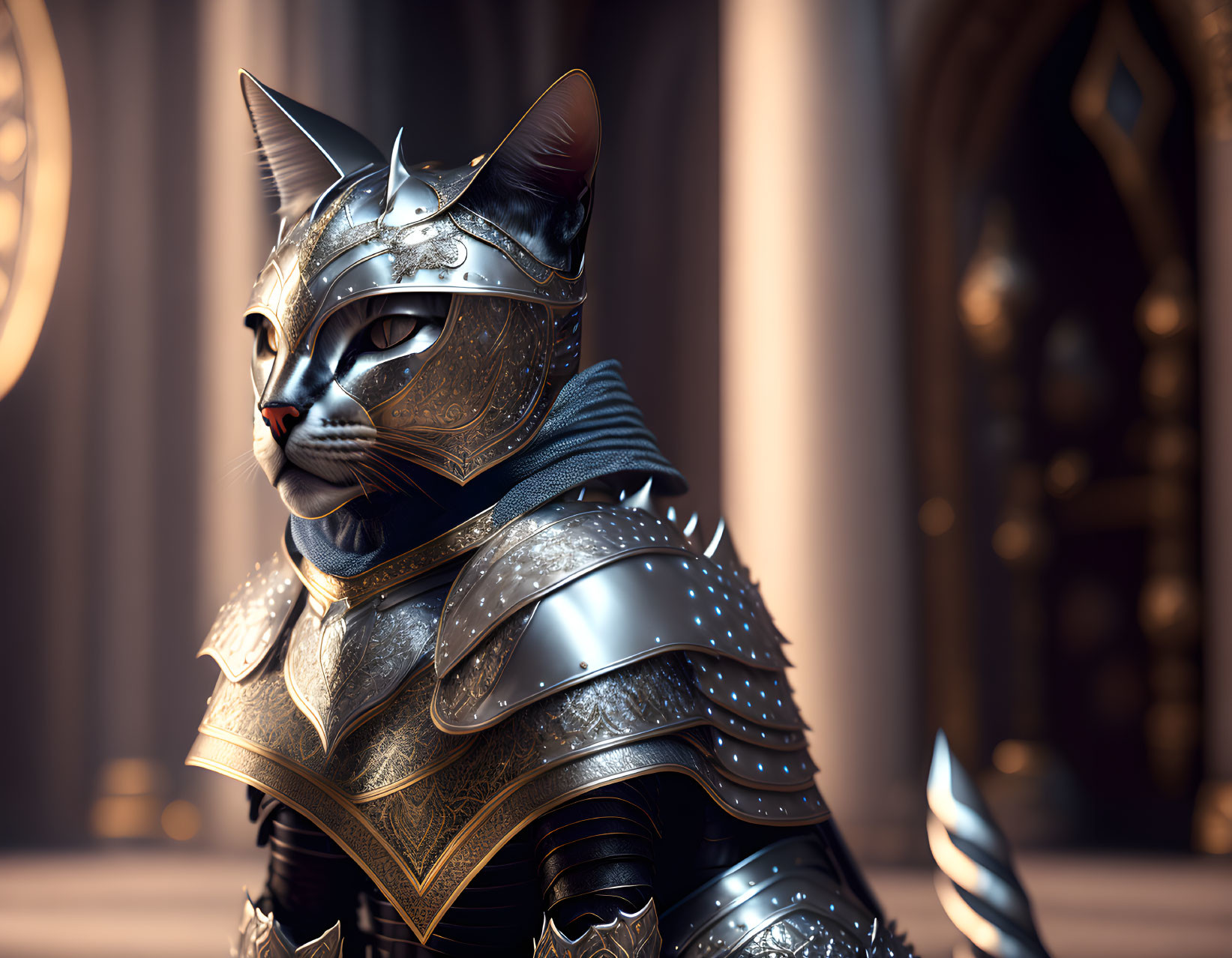 Digital Artwork: Cat in Medieval Armor in Dimly-Lit Hall