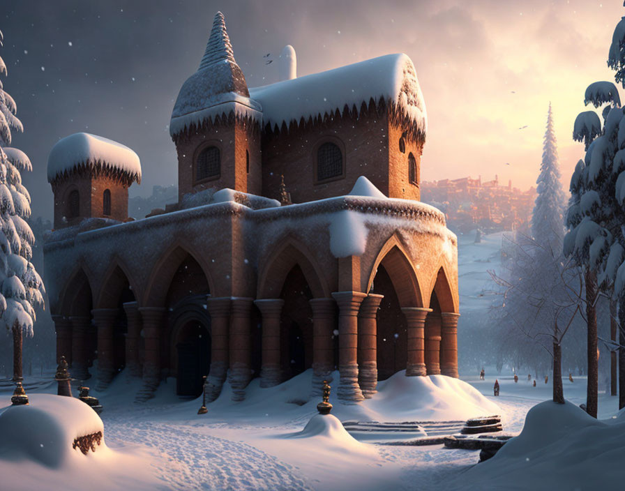 Snow-covered castle at twilight with warm glowing lights and winter landscape.