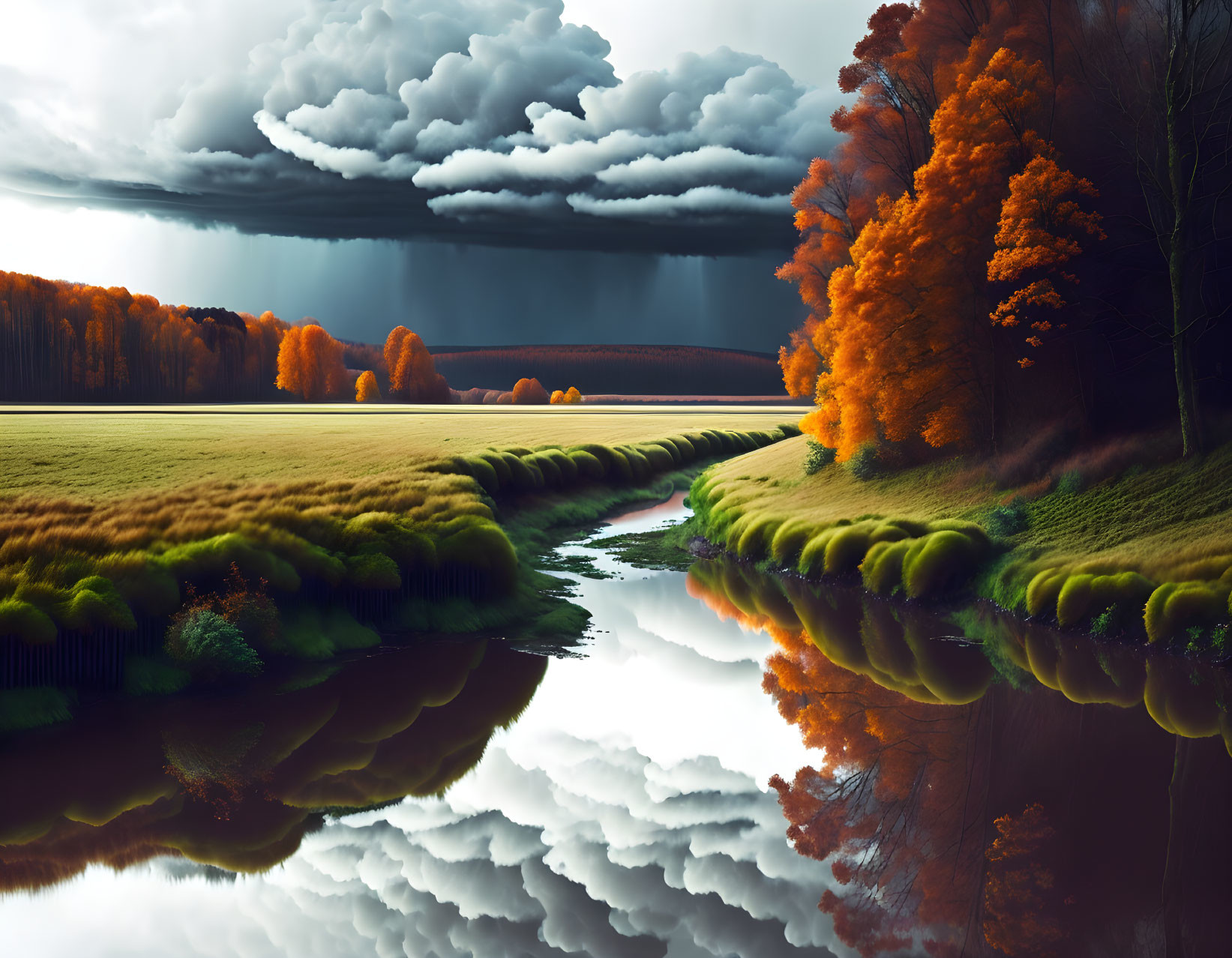 Tranquil autumn landscape with river, trees, and storm clouds