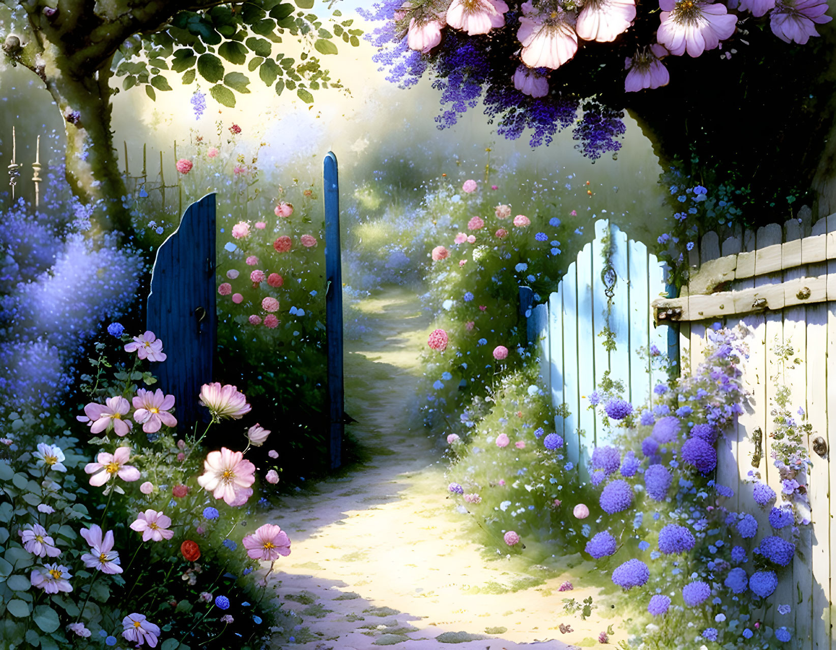 Tranquil garden path with blue gates and lush flowers