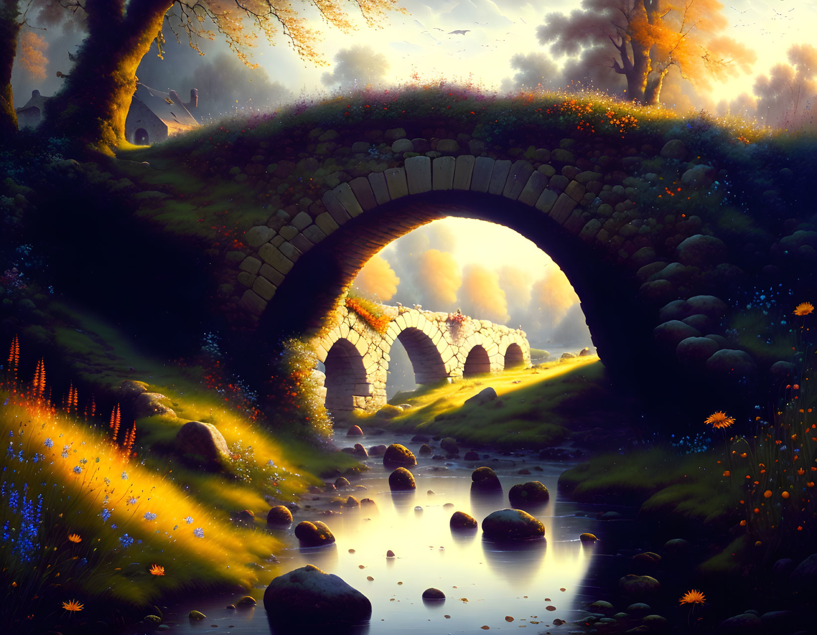 Stone bridge over tranquil stream in mystical forest at sunrise.