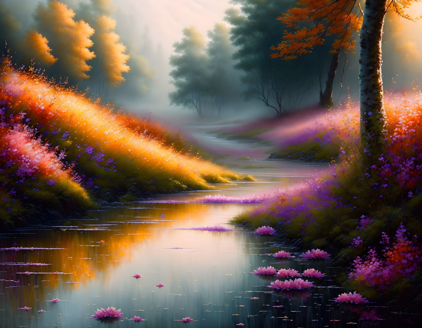 Tranquil stream with vibrant flowers and autumnal trees