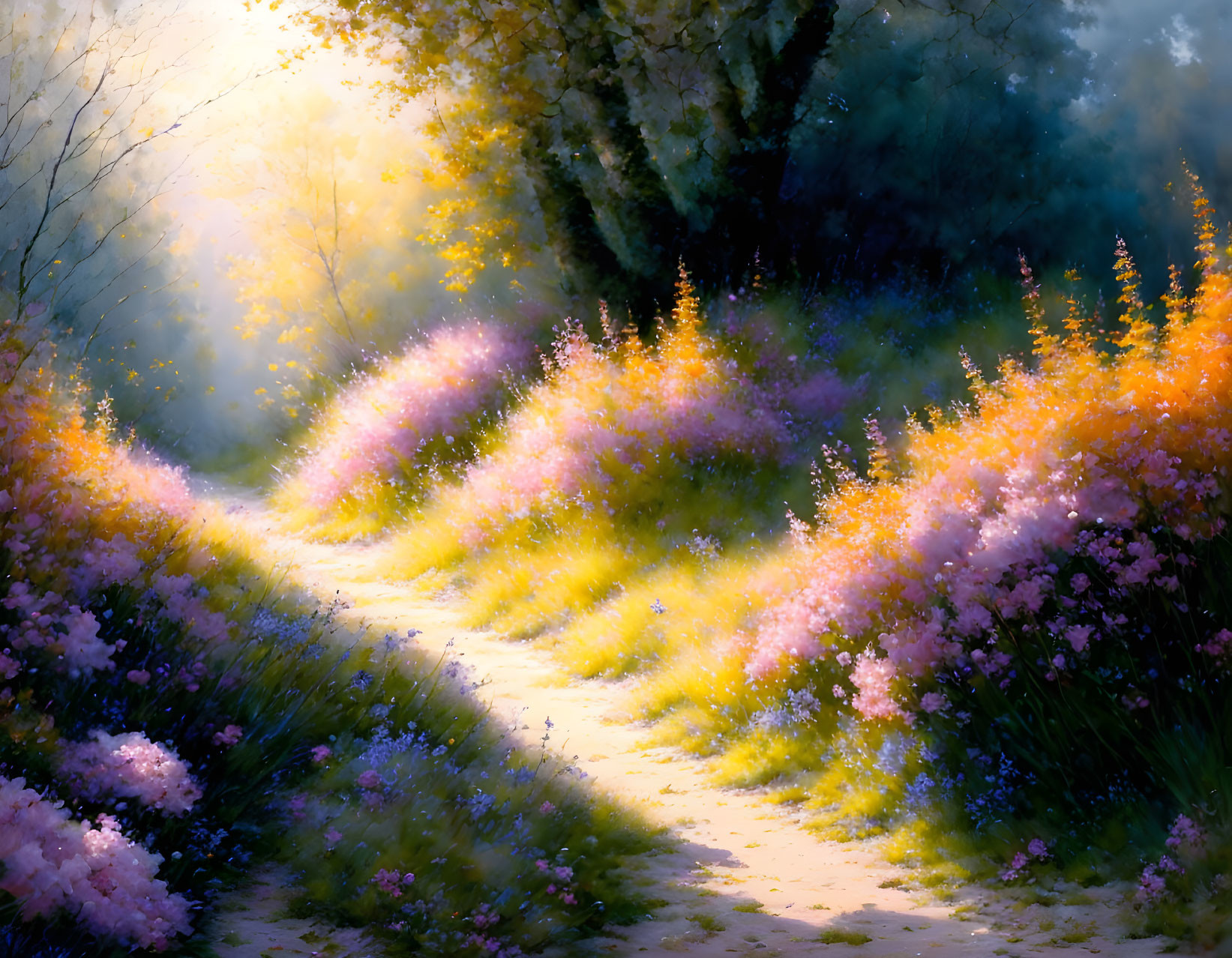 Colorful sunlit path with flowering shrubs and ethereal light.