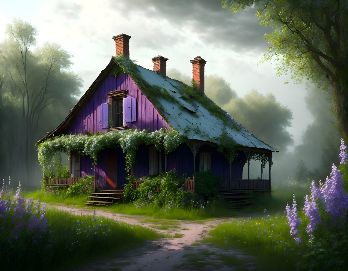 Purple wooden cottage in serene forest setting with foggy ambiance