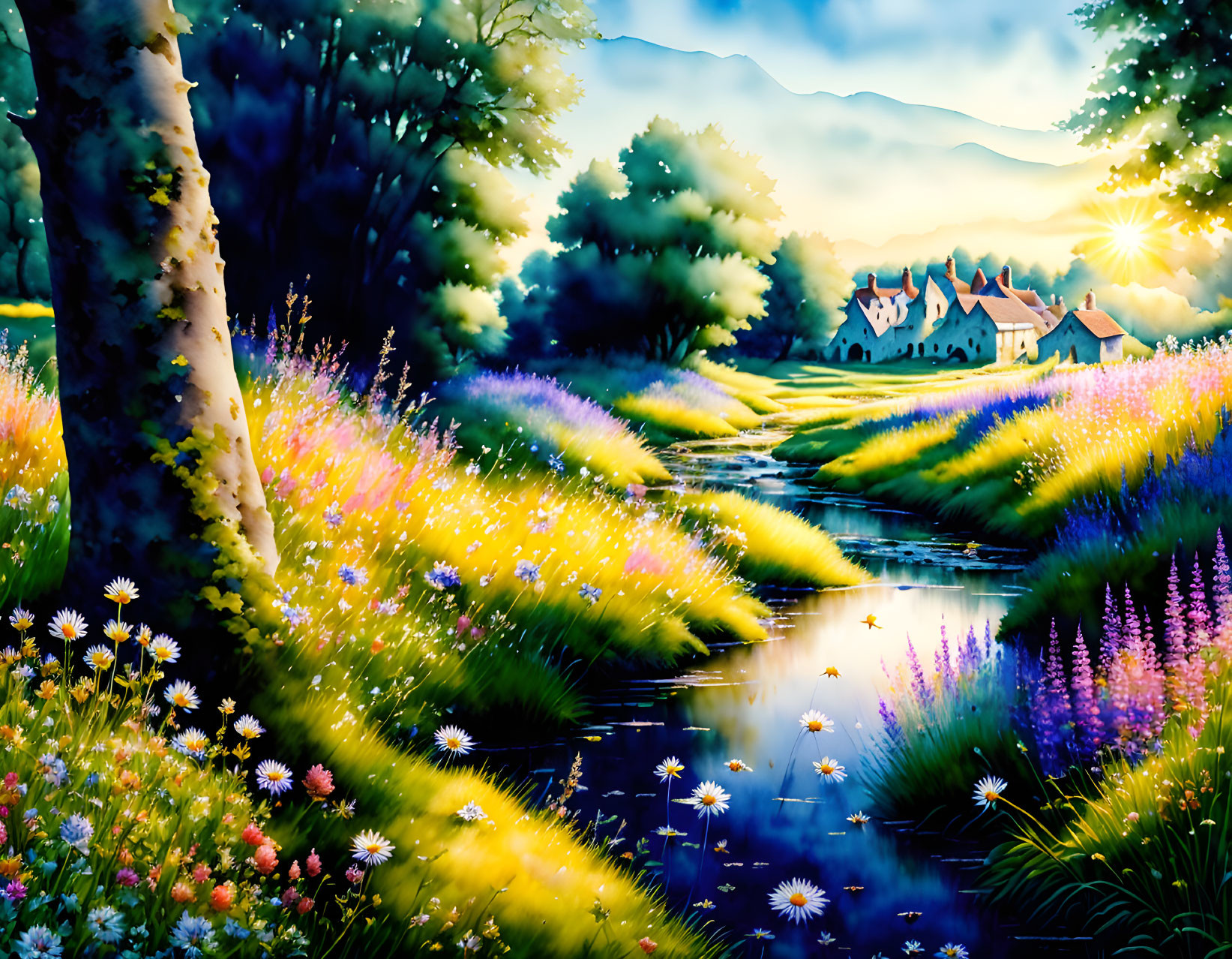 Colorful landscape painting: sunlit stream, wildflowers, tree, houses, mountains.