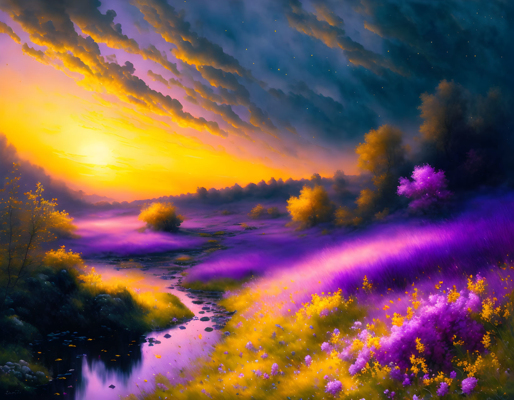 Scenic sunrise landscape with purple wildflowers, streaming river, and glowing sun