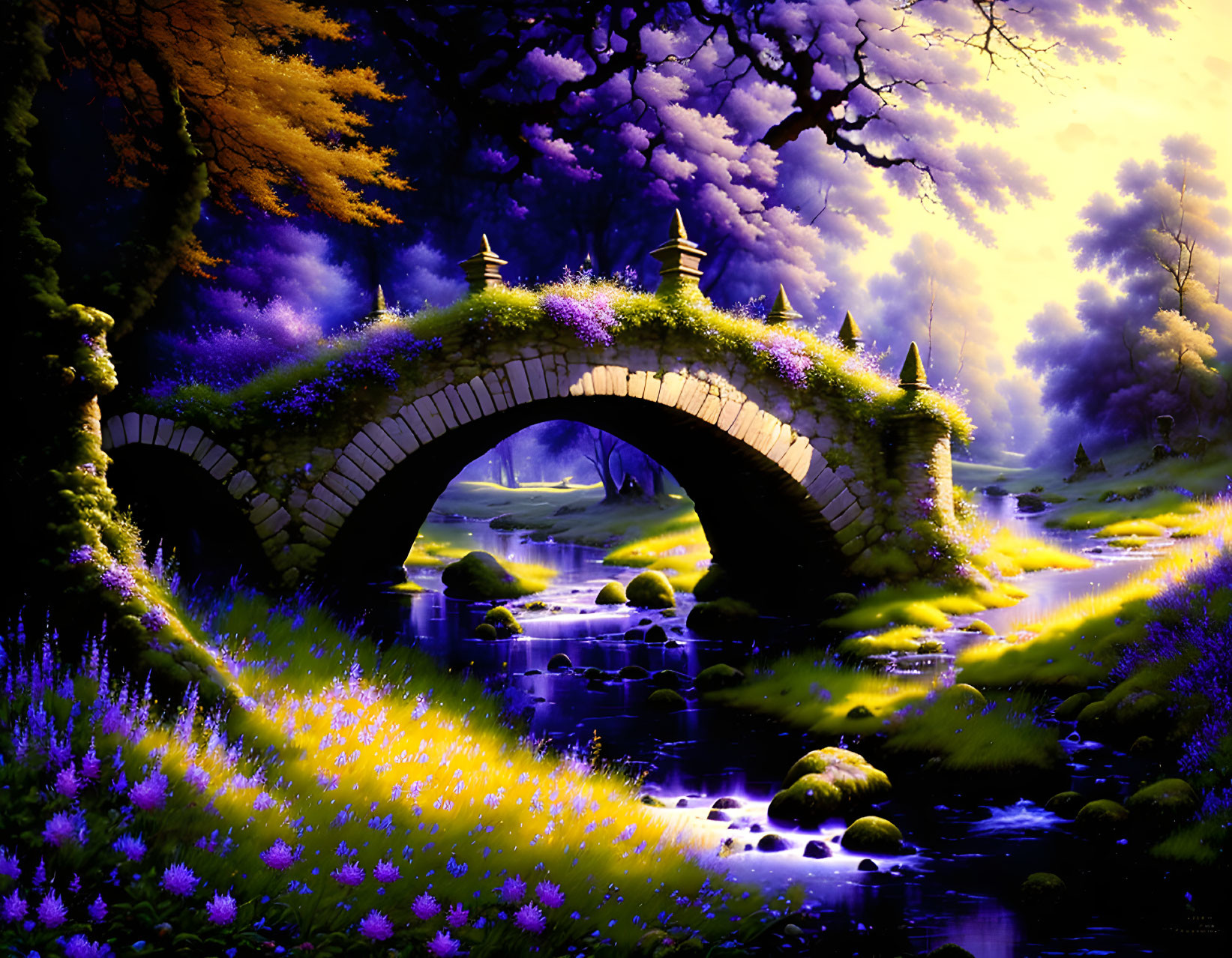 Serene river landscape with stone bridge and vibrant purple trees