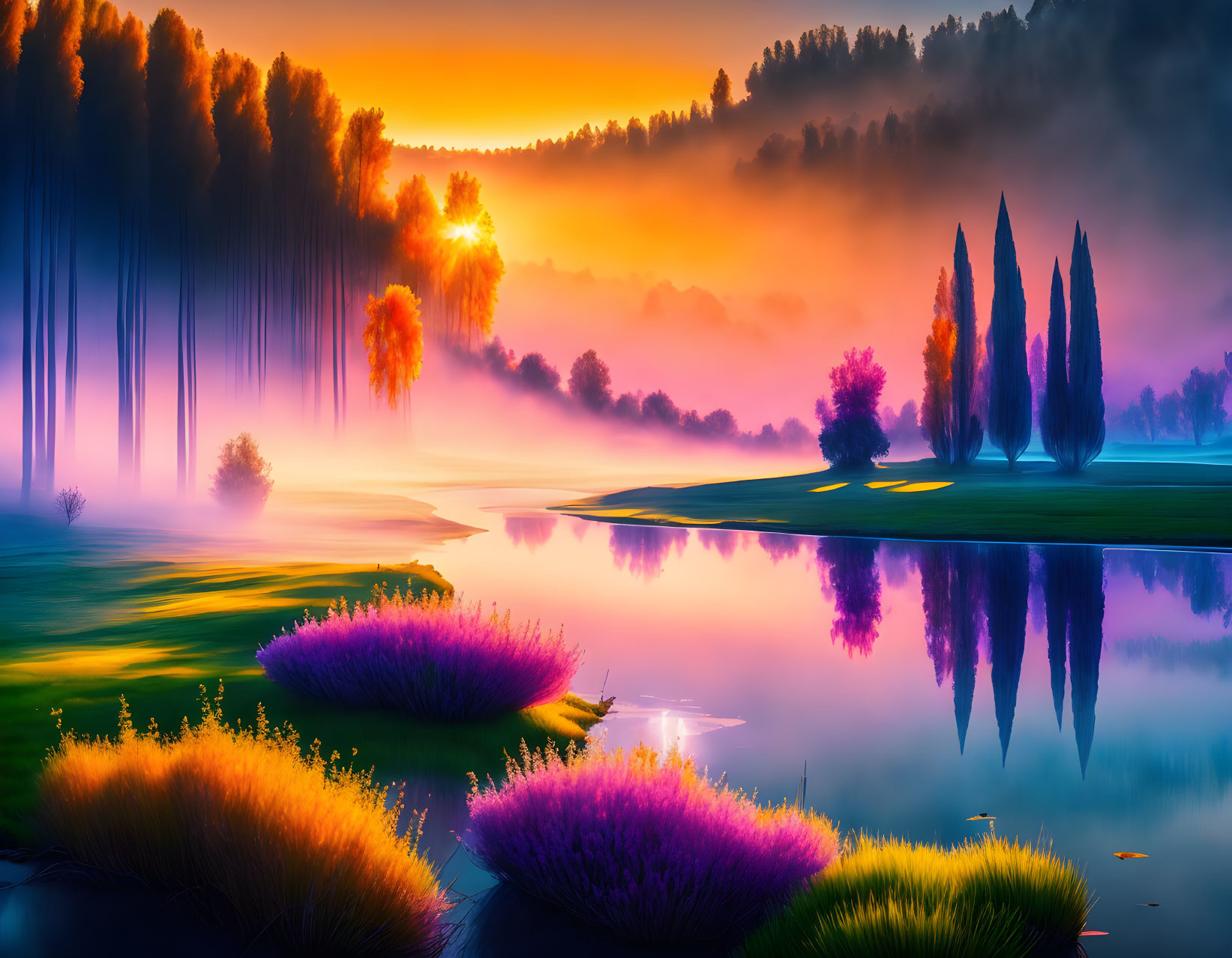 Serene lake landscape with colorful trees, mist, and sunset sky