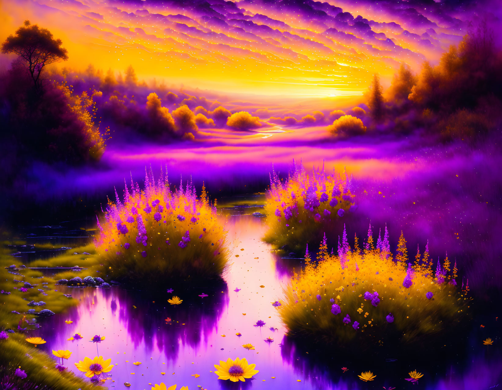 Purple-Toned Sunset Landscape with Water Reflections and Lush Flora