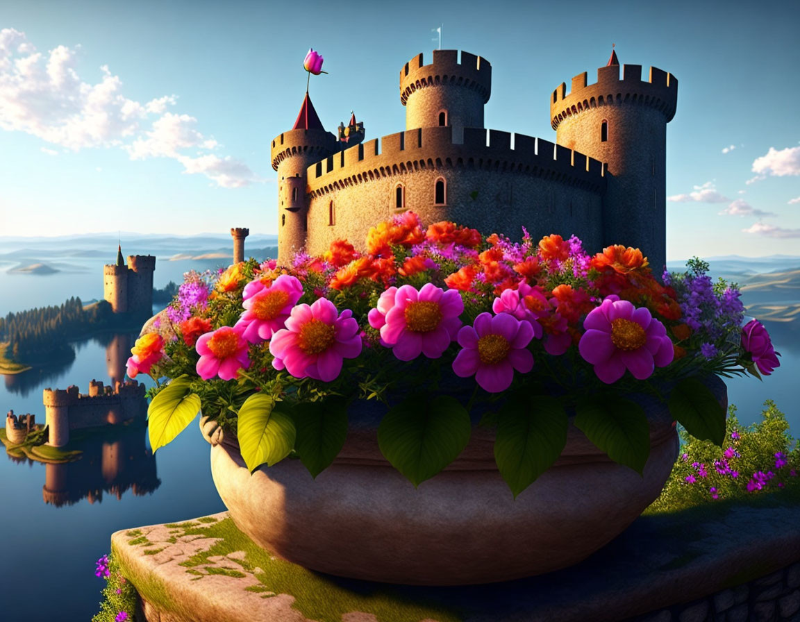 Digital artwork of castle on island with pink flowers pot