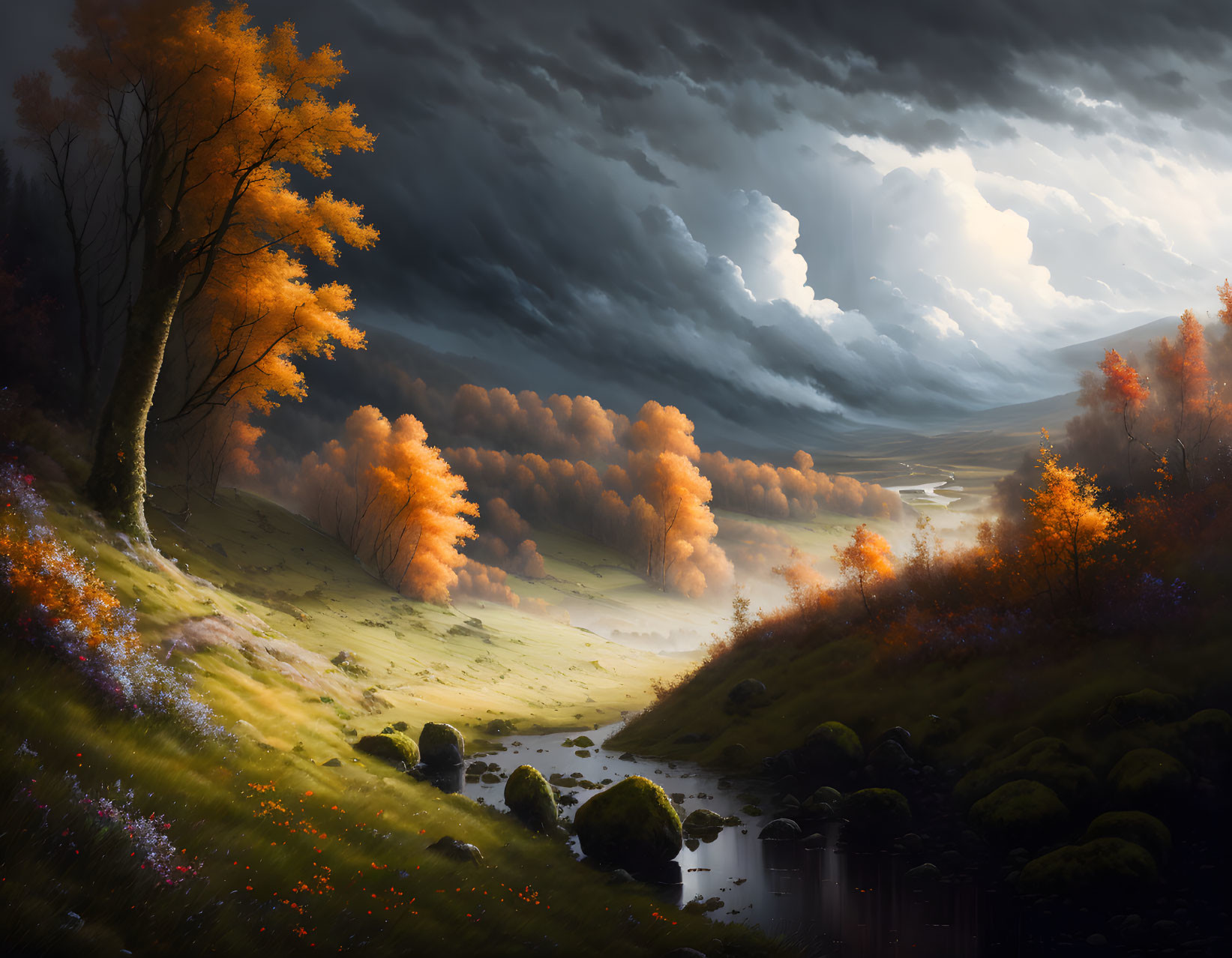 Dramatic autumn landscape with river and cloudy skies