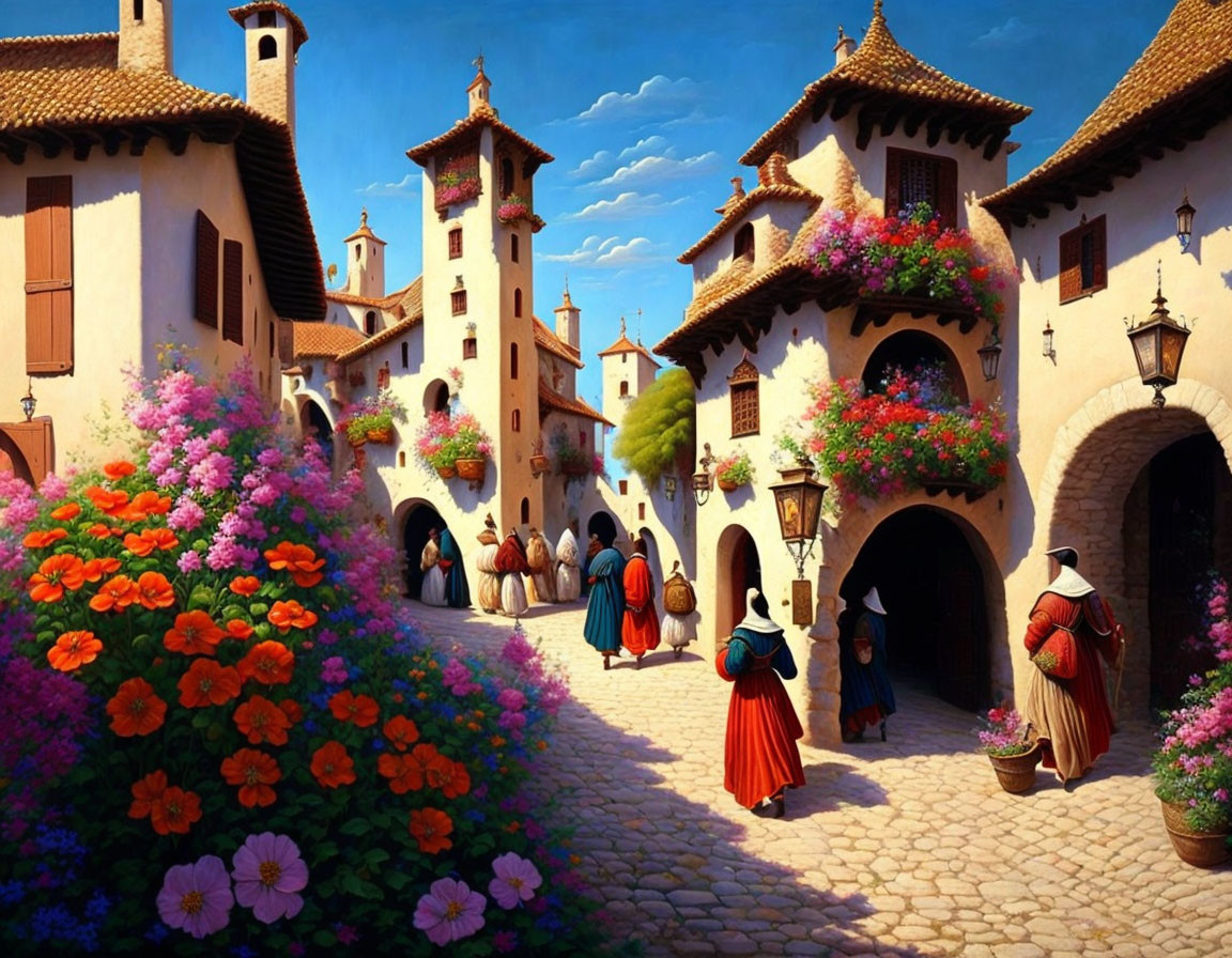 Colorful Medieval Village Scene with People in Period Attire and Blooming Flowers