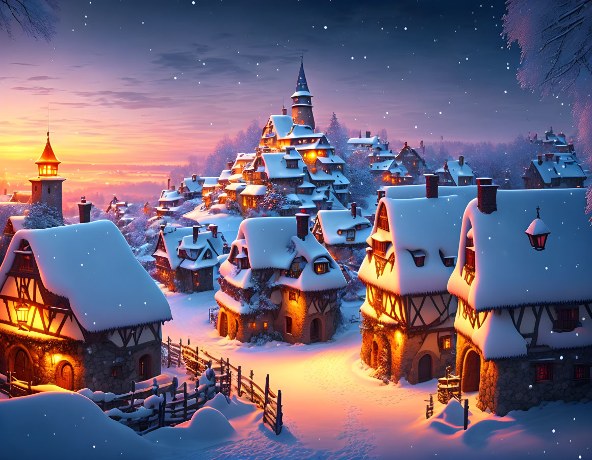 Snow-covered cottages in a cozy winter village at twilight