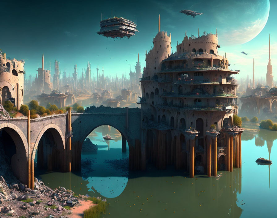 Futuristic cityscape with dilapidated buildings, bridges, ships, and distant planet