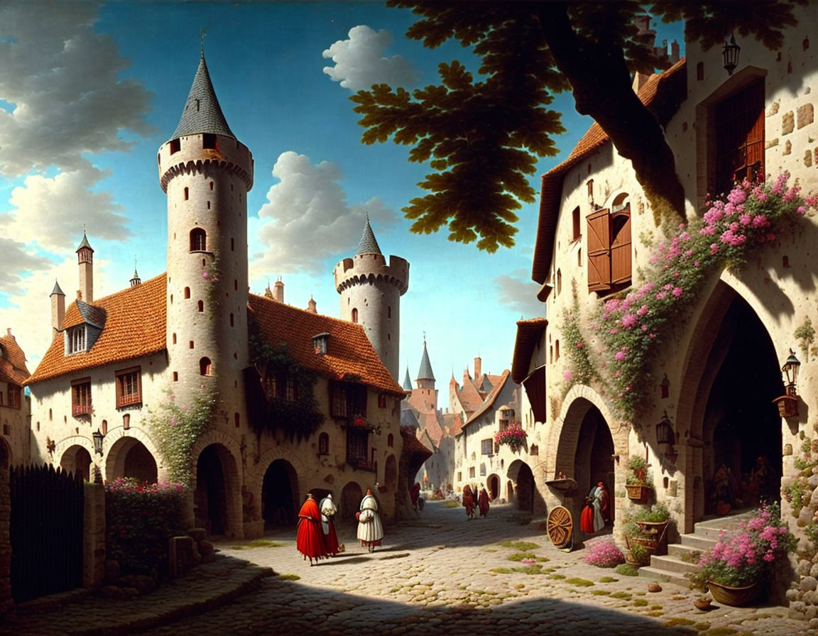 Medieval town scene with cobblestone streets, castle towers, period dress, and sunny sky