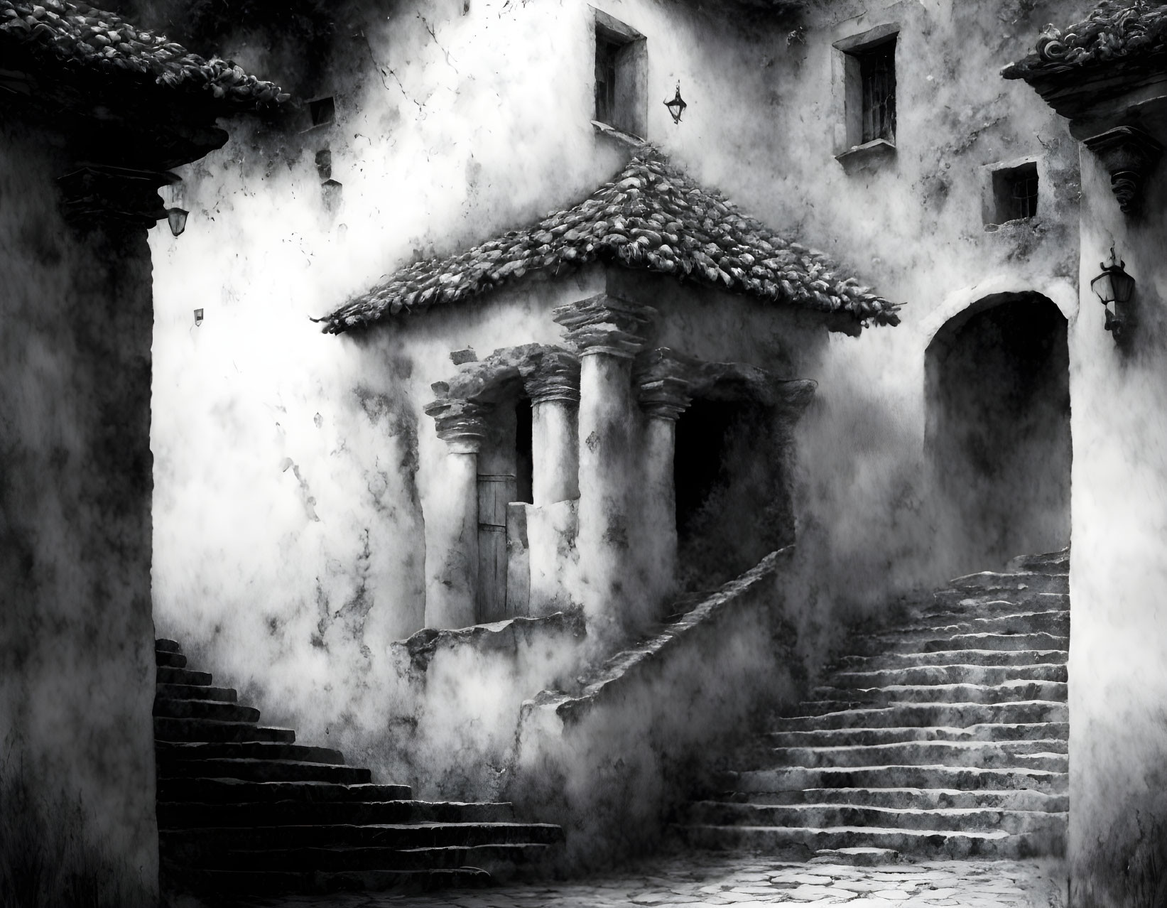 Monochrome image of weathered building with stone staircase