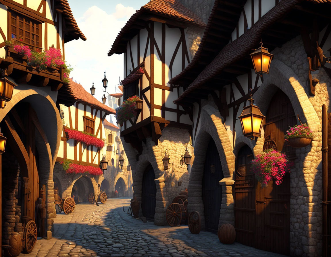 Medieval-styled village street with half-timbered houses, cobblestone road, arch