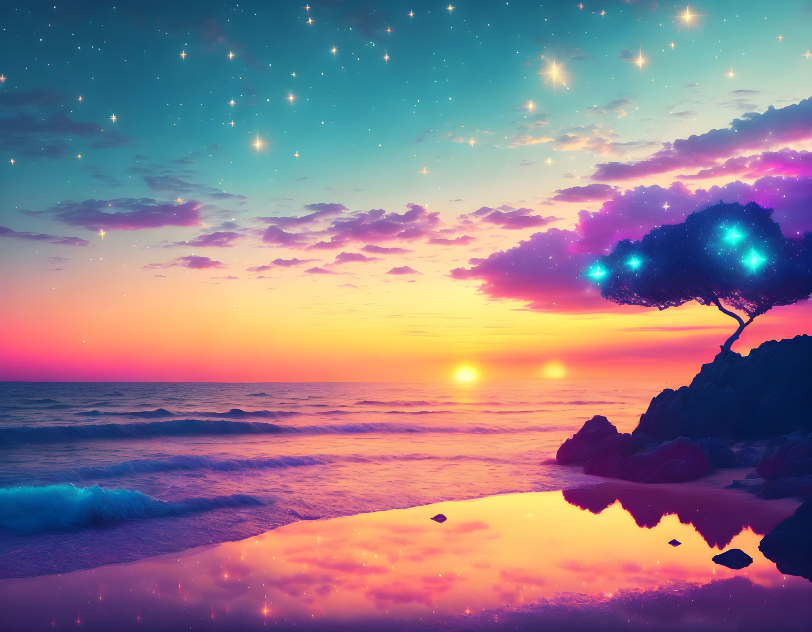 Colorful Sunset Beach Scene with Lone Tree and Starry Sky