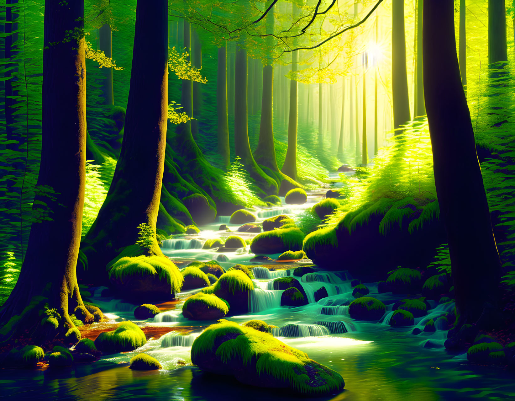 Lush forest scene with cascading stream and moss-covered stones