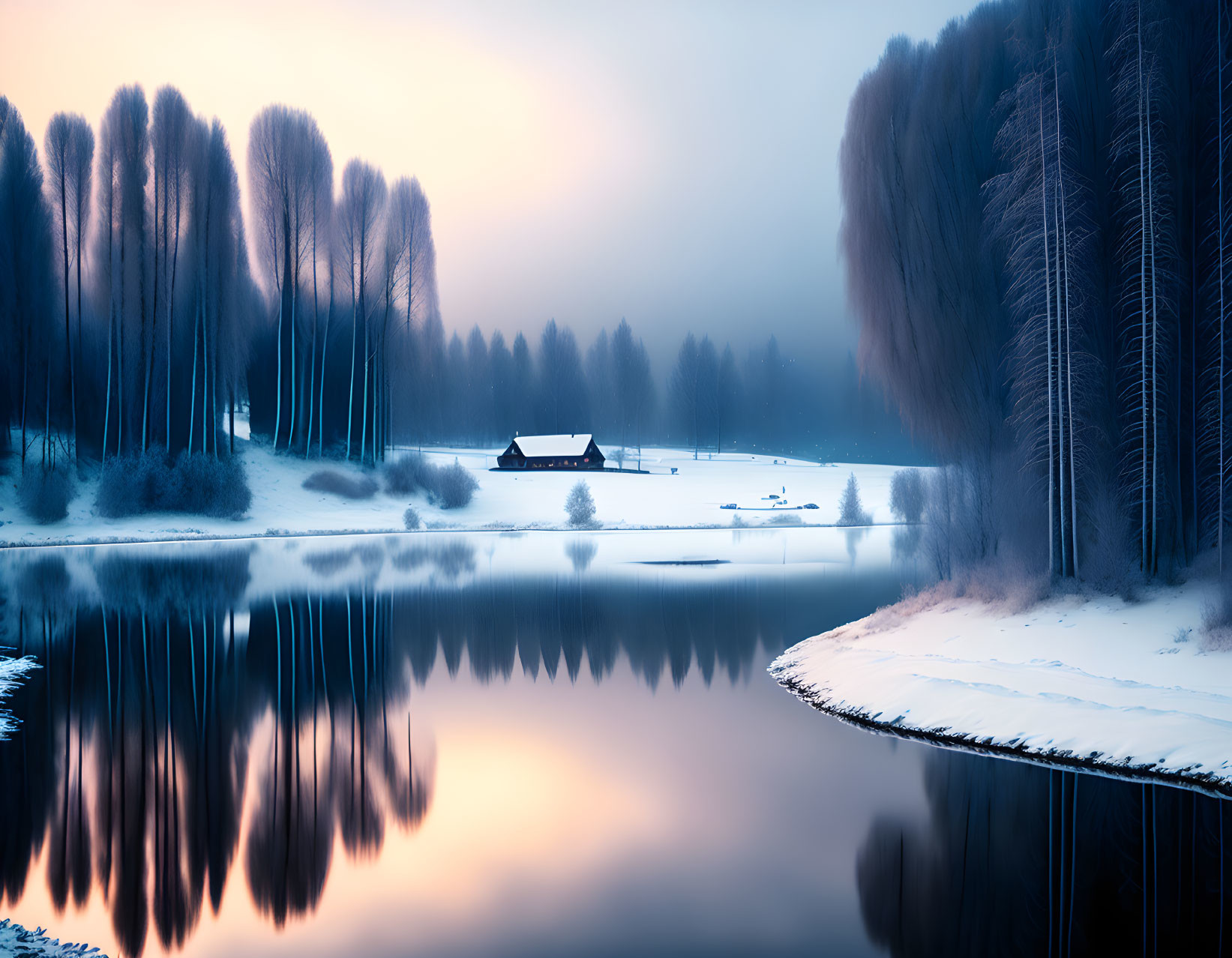 Tranquil winter scene: lake, bare trees, cabin in snow.