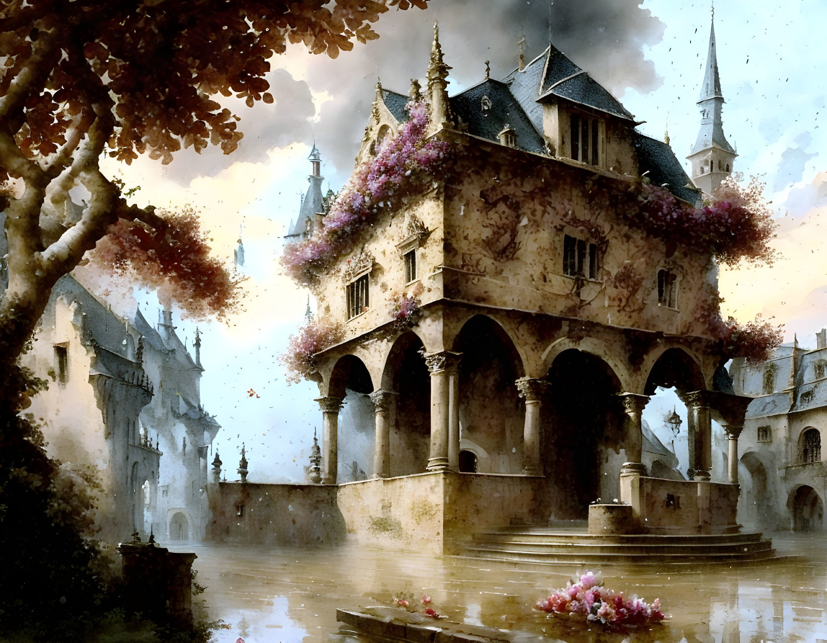 Historic mansion with purple flowers, water, and castle under dramatic sky