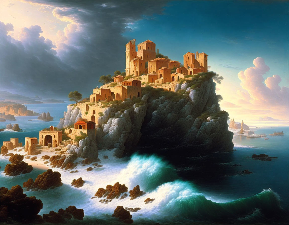 Coastal town on cliff with crashing waves and dramatic sky