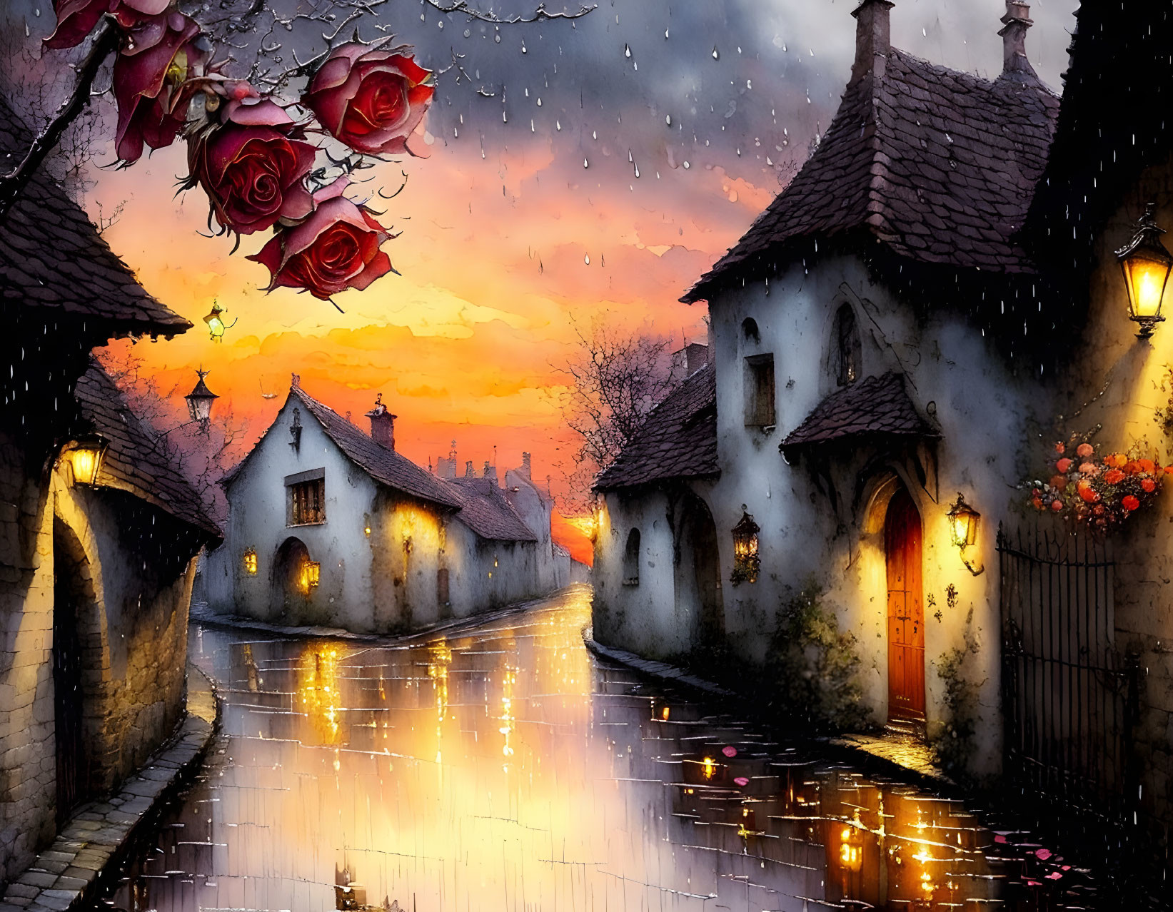 Charming village street at dusk with cobblestone roads and glowing lamps