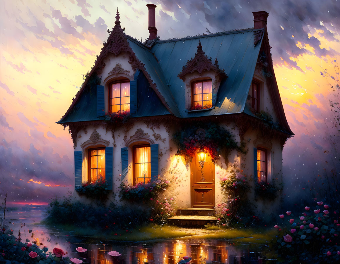 Victorian-style house at dusk by a lake with illuminated windows, colorful sky, and flowers.